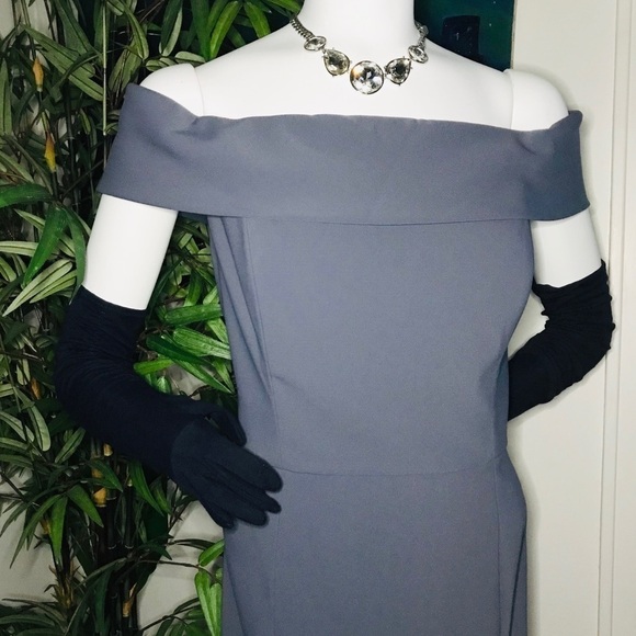 DESSY COLLECTION Silver Stone Blue off shoulder full length dress Size 16 NWT - Picture 3 of 15